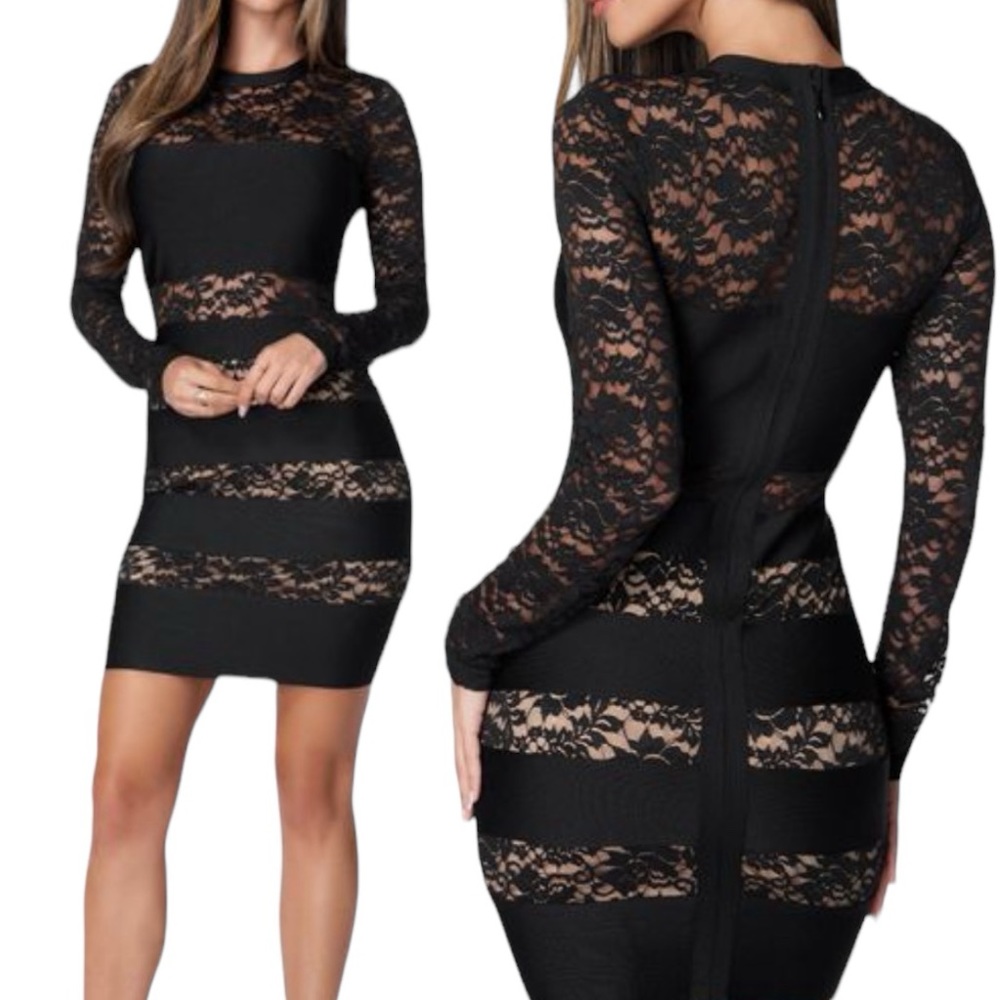 Bebe Black Bandage Illusion Lace Dress Size XS